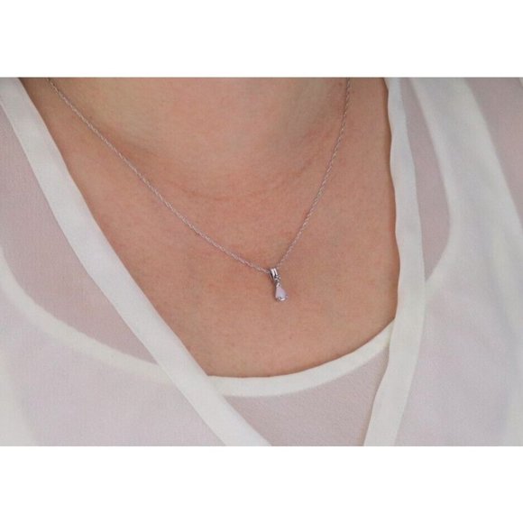 14k White Gold Natural Opal and Diamond Necklace 18 inch chain 1 mm - Picture 3 of 10